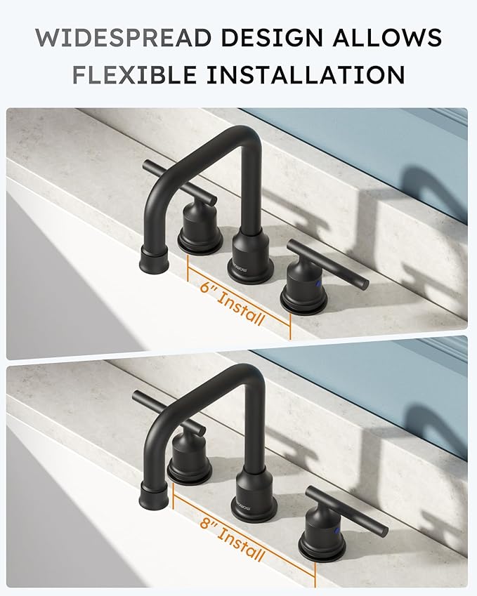 Black Bathroom Faucet 3 Holes, WOWOW Widepread Bathroom Sink Faucets 2 Handle, 8 Inch Vanity Tap with Drain and Supply liness Modern