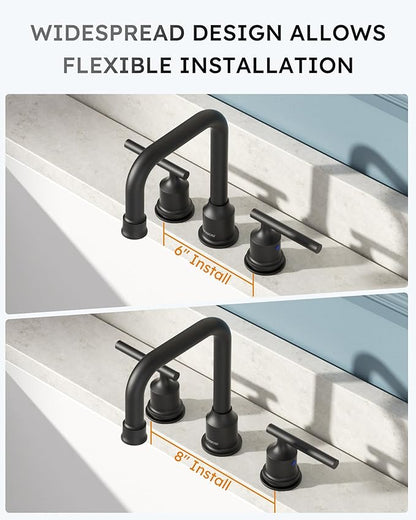 Black Bathroom Faucet 3 Holes, WOWOW Widepread Bathroom Sink Faucets 2 Handle, 8 Inch Vanity Tap with Drain and Supply liness Modern