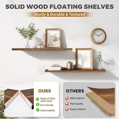36"x6.8"x1.2" Solid Wood Floating Shelves 2-Pack - Rustic Brown Finish with Hidden Brackets, Perfect for Storage and Décor in Living Room, Kitchen, Bedroom