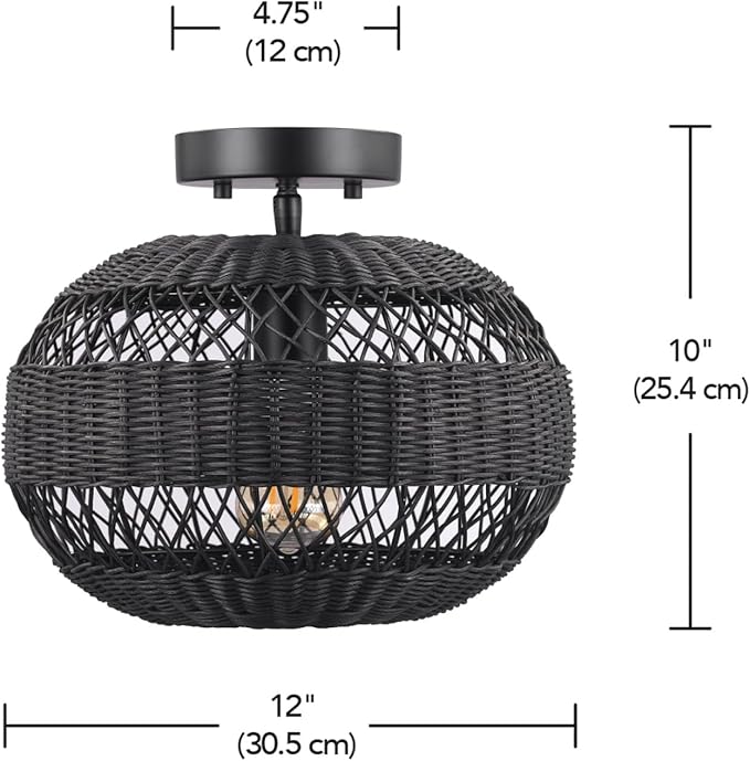 GLOBE Electric 66000071 1-Light Semi-Flush Mount Ceiling Light, Matte Black, Rattan Shade, Bedroom Lighting Fixtures Ceiling, Dining Room Fixture, Timeless Lighting for Hallway or Dining Room