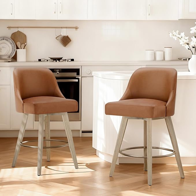 Counter Height Bar Stools Set of 4, Modern Swivel Barstools with Back and Wood Legs, Faux Leather Upholstered Bar Chairs, 26" Seat Height Counter Stools for Kitchen Island,Brown