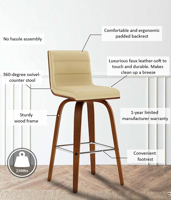 Vienna 26" Swivel Counter Stool in Walnut Wood Finish with Cream Faux Leather - Set of 2