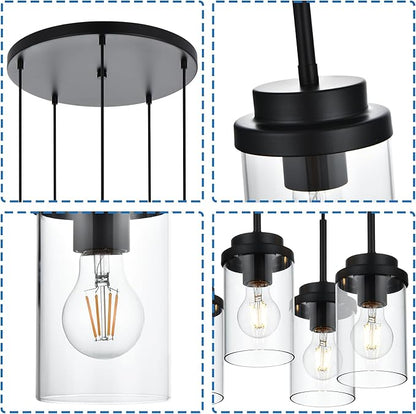 MELUCEE 5-Light Pendant Light Fixtures Ceiling Hanging Cluster Chandelier Black with Clear Glass Shade, Modern Pendant Lighting for Kitchen Island Dining Room Living Room