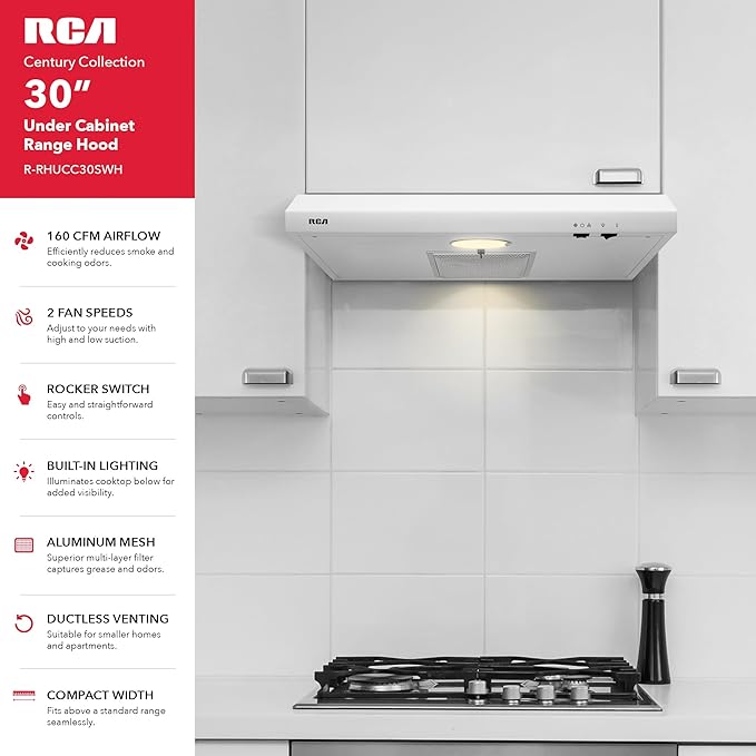 RCA R-RHUCC30SWH 30 in. Century Collection Ductless Under Cabinet Range Hood, Reusable Filter, Rocker Switch, Light, White