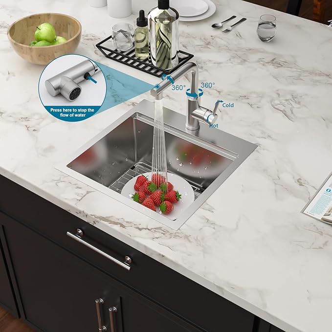 Outdoor Sink and Faucet18 Inch Drop In Bar Sink Workstation 16 Gauge Stainless Steel Single Bowl Small Basin With Pull-out Faucet Outdoor Bar RV Kitchen Sinks 18x18x9 Inch