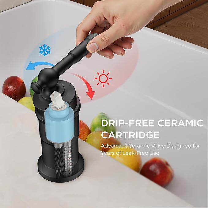 FORIOUS 3 Hole Black Kitchen Faucet with Soap Dispenser, Stainless Steel Vintage Pull Down Sprayer Kitchen Sink Faucet with Single Seperate Handle, Suitable for Farmhouse Outdoor Camper Rv Bar