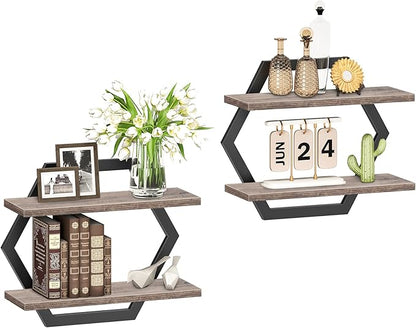 CHOEZON Hexagon Floating Shelves for Wall, Set of 2, 2 -Tier Hanging Shelves, Wall Mounted Storage Shelves, for Living Room, Bedroom, Kitchen, Home Office, Study, Greige TBJ06P2BG