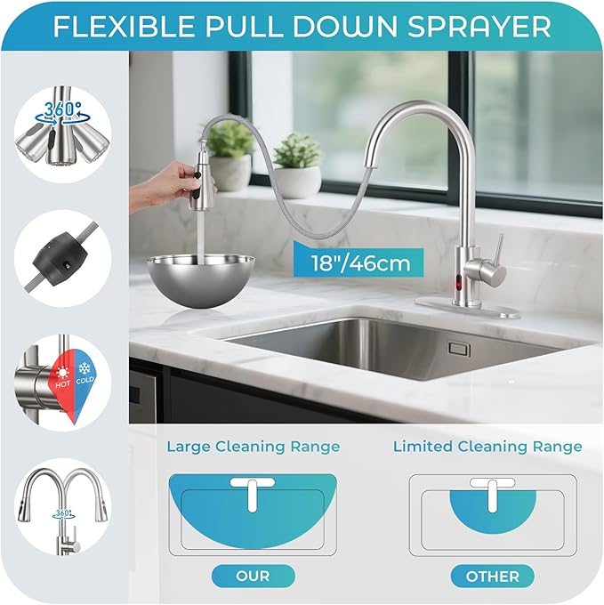 Touchless Kitchen Faucet with Pull Down Sprayer - Brushed Nickel Single Handle Kitchen Faucets, High Arc Stainless Steel Pull Out Kitchen Sink Faucet with Deck for RV Laundry Farmhouse Bar