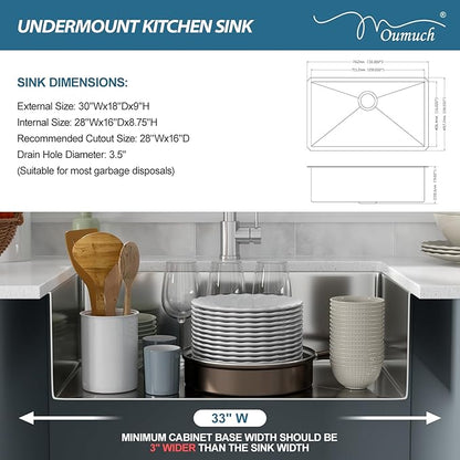30 Inch Undermount Kitchen Sink - 30x18 Stainless Steel Kitchen Sink T304 18 Gauge Undermount Sinks Single Bowl Handmade Sinks Under the Counter, 9" Deep