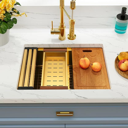 Gold Undermount Kitchen Sink 28 inch,Single Bowl Undermount Sink 16 gauge Stainless Steel,Workstation Kitchen Sinks with Gold Accessories (28" X 18")
