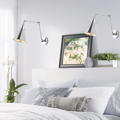 JONATHAN Y 7" Chrome Classic Industrial Metal Adjustable Arm LED Wall Sconce for Bedside Reading, Farmhouse Swing Arm Wall Lamp with Metal Shade, Hardwired (JYL7460A-SET2)
