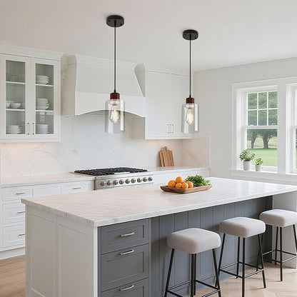Modern Wood Pendant Lighting for Kitchen Island, Farmhouse Pendant Light Fixtures 1 Pack, Adjustable Hanging Ceiling Light with Clear Glass Shade