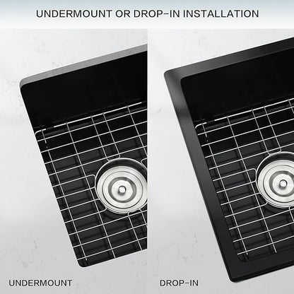 MILOSEN Black Bar Sink, 13×15 Inch Small Undermount/Drop in Black Wet Bar or Prep Sink, 9 Inch Deep Granite Composite Outdoor RV Single Bowl Basin with Accessories, Small Quartz Camper Sinks