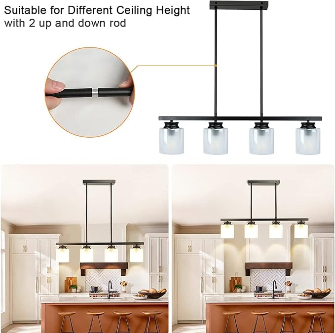 DLLT Kitchen Island Pendant Light Fixture, 4 Lights Metal Farmhouse Chandeliers, Vintage Flush Mount Ceiling Hanging Lighting with Glass Shade for Dining Room, Foyer, Restaurant, Bar, E26 Base