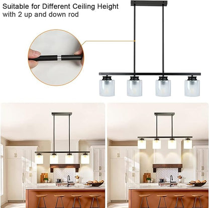 DLLT Kitchen Island Pendant Light Fixture, 4 Lights Metal Farmhouse Chandeliers, Vintage Flush Mount Ceiling Hanging Lighting with Glass Shade for Dining Room, Foyer, Restaurant, Bar, E26 Base