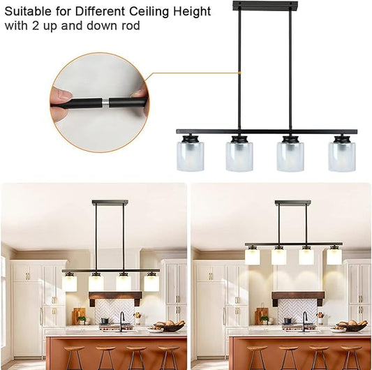 DLLT Kitchen Island Pendant Light Fixture, 4 Lights Metal Farmhouse Chandeliers, Vintage Flush Mount Ceiling Hanging Lighting with Glass Shade for Dining Room, Foyer, Restaurant, Bar, E26 Base