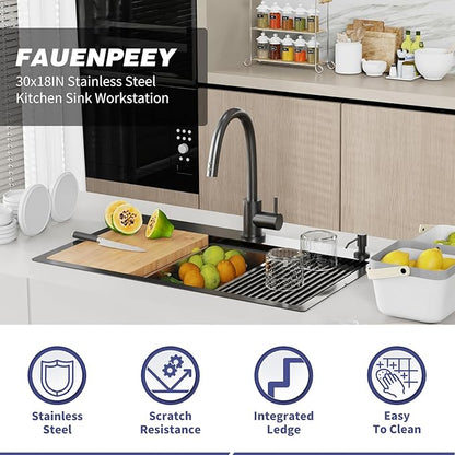 Black Kitchen Sink Workstation,30"x18" Stainless Steel Drop In Single Bowl Sink Built-in Ledge Workstation Sink Design For Placing/Sliding Accessories-Cutting Board And Drying Rack,Colander