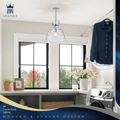Glass Pendant Light, 13.8 Inch Single Hanging Ceiling Light with Adjustable Chain, E26 Base Oversized Hammered Clear Glass Kitchen Island Pendant Lighting in Polished Chrome for Dining Room, Entryway