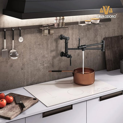 Lava Odoro Matte Black Pot Filler Faucet, Two Attachment Pot Filler, Contemporary Wall Mount Folding Kitchen Pot Filler with Swing Arm, PF312-MB