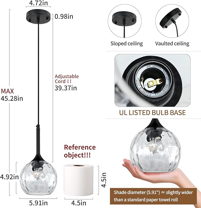 JHLBYL Glass Pendant Lights Kitchen Island: 5.91'' 1-Light Hammered Glass Pendant Light with Black Finish - Modern Minimalist Hanging Light Fixture for Kitchen Sink Dining Room - E26 Base