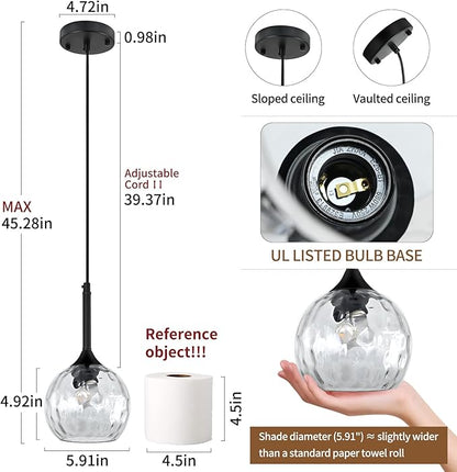 JHLBYL Glass Pendant Lights Kitchen Island: 5.91'' 2-Pack 1-Light Hammered Glass Pendant Light with Black Finish - Modern Minimalist Hanging Light Fixture for Kitchen Sink Dining Room - E26 Base