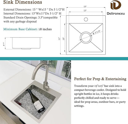 15 Inch Bar Sink Drop In - Delironexu 18 Gauge Stainless Steel Small Kitchen Sink, 15"x15" Single Bowl Square Wet Bar with Brushed Finish for Outdoor, RV, and Prep Use