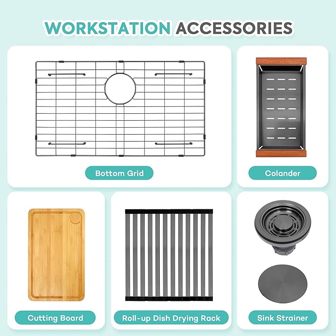 Rhbamoa Black Kitchen Sink,31 Inch Black Drop in Kitchen Sink Single Bowl,16 Gauge T304 Stainless Steel Workstation Sinks,10 Inch Deep Topmount Sinks with All Accessories