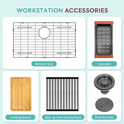 Rhbamoa Black Kitchen Sink,31 Inch Black Drop in Kitchen Sink Single Bowl,16 Gauge T304 Stainless Steel Workstation Sinks,10 Inch Deep Topmount Sinks with All Accessories