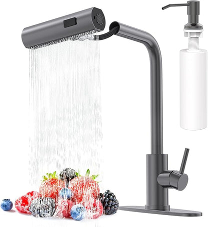 AVSIILE Waterfall Kitchen Faucets with Pull Down Sprayer & Soap Dispenser, Single Hole, Single Handle, Pull Out Tap, Stainless Steel Sink Faucet in Gray, Suitable for Farmhouse Camper Laundry Rv Bar