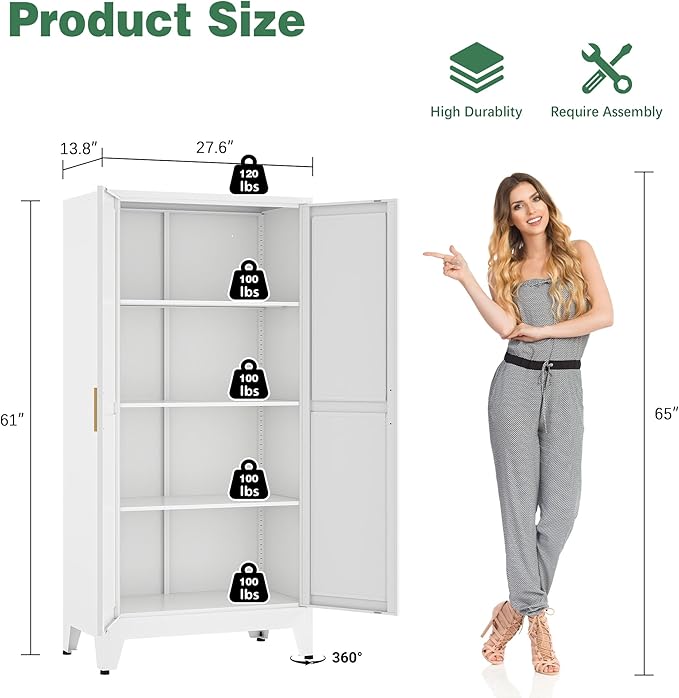 Bevivog 61" Metal Storage Cabinet with Doors and Shelves, Farmhouse Tall Bathroom Cabinets Freestanding, White Metal Pantry Cabinet for Kitchen, Living Room, Home Office