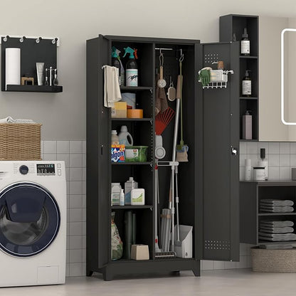 Metal Locking Cabinet, 72.8" Tall Storage Cabinet for Broom, Garage Storage Cabinet with Doors and Shelves, Heavy Duty Tool Cabinet for Home Office, School, Basement,Gym