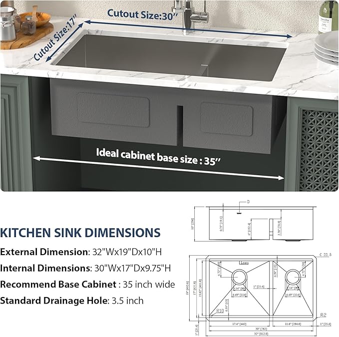 Lordear 32 Inch Undermount Double Bowl Kitchen Sink 16 Gauge Stainless Steel with Smart Low Divider 32x19 Inch Double Basin Kitchen Sinks 60/40 Handmade