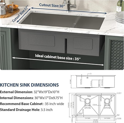 Lordear 32 Inch Undermount Double Bowl Kitchen Sink 16 Gauge Stainless Steel with Smart Low Divider 32x19 Inch Double Basin Kitchen Sinks 60/40 Handmade