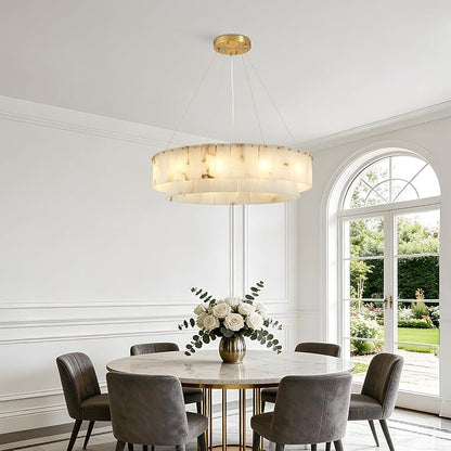 Lanhall Spanish Alabaster Chandelier, 2 Tiers Brushed Brass Modern Chandeliers for Dining Room Light Fixture 12-Light Pendant Light Natural Marble Chandelier for Kitchen Bedroom Living Room Foyer