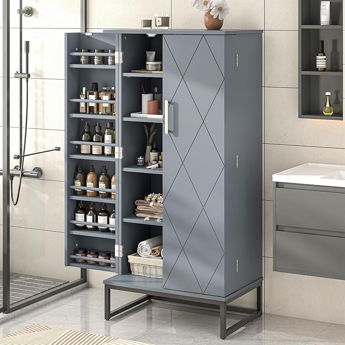kepptory 51" Kitchen Pantry Storage Cabinet, Freestanding Pantry Cabinets with Doors andAdjustable Shelves, Buffet Cupboards Storage Cabinet for Home Office Use, DinningRoom(Grey)
