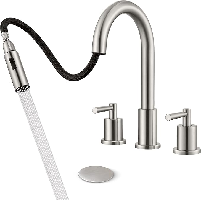 Bathroom Faucet 3 Hole - 8 Inch Widespread Bathroom Faucet with Sprayer, Brushed Nickel Sink Faucet Bathroom 2 Handles - Pull Down Vanity Faucets with Pop Up Drain and Supply Lines