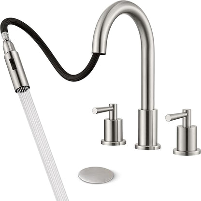Bathroom Faucet 3 Hole - 8 Inch Widespread Bathroom Faucet with Sprayer, Brushed Nickel Sink Faucet Bathroom 2 Handles - Pull Down Vanity Faucets with Pop Up Drain and Supply Lines