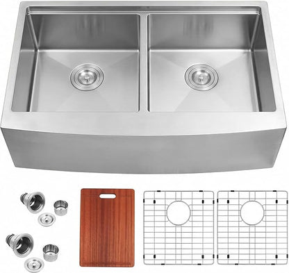 MILOSEN 33x20x10 Inch Farmhouse Kitchen Sink, Undermount 16 Gauge Stainless Steel 50/50 Double Bowl Sink, Workstation Apron Front Farm Sink with Integrated Ledge & Accessories, 10'' Deep Handmade Sink