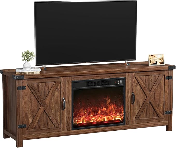 YESHOMY Fireplace TV Stand with Two Barn Doors and Storage Cabinets for Televisions up to 65+ Inch, Entertainment Center Console Table, Media Furniture for Living Room, 58 Inch, Brown