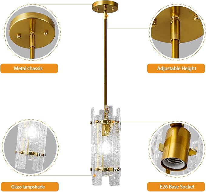 Modern Crystal Pendant Lighting Gold Pendant Lights Mini Glass Chandeliers, Adjustable Pendant Light Fixture for Kitchen Island Bedroom Living Room Dining Room Corridor(1Pack)