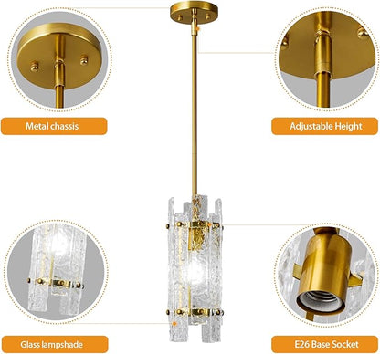 Modern Crystal Pendant Lighting Gold Pendant Lights Mini Glass Chandeliers, Adjustable Pendant Light Fixture for Kitchen Island Bedroom Living Room Dining Room Corridor(3Pack)