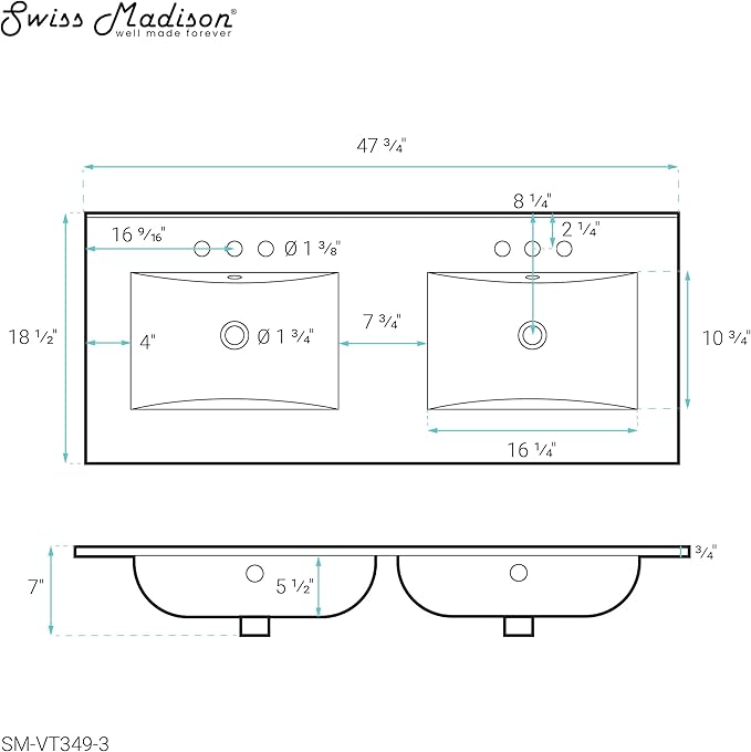 48" Ceramic Vanity Top Double Basins in Matte Black with 3 Holes