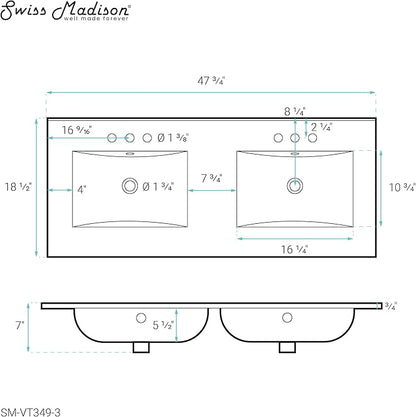 48" Ceramic Vanity Top Double Basins in Matte Black with 3 Holes