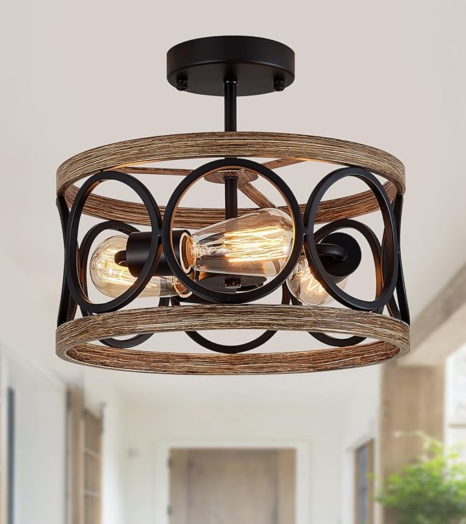 MEIXISUE Semi Flush Mount Modern Farmhouse Ceiling Light Fixtures,3-Lights Black and Retro Wood Finish,Drum Shade Rustic Light Fixtures for Entryway Hallway Foyer Kitchen Dining Room Bedroom