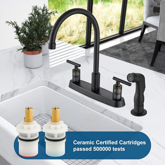 Kitchen Faucets, High Arc 360°Rotating Spout Kitchen Sink Faucet, 2 Handle 8 Inch Centerset RV Kitchen Faucet with Supply Lines, 3 or 4 Hole Kitchen Faucet with Side Sprayer, Matte Black