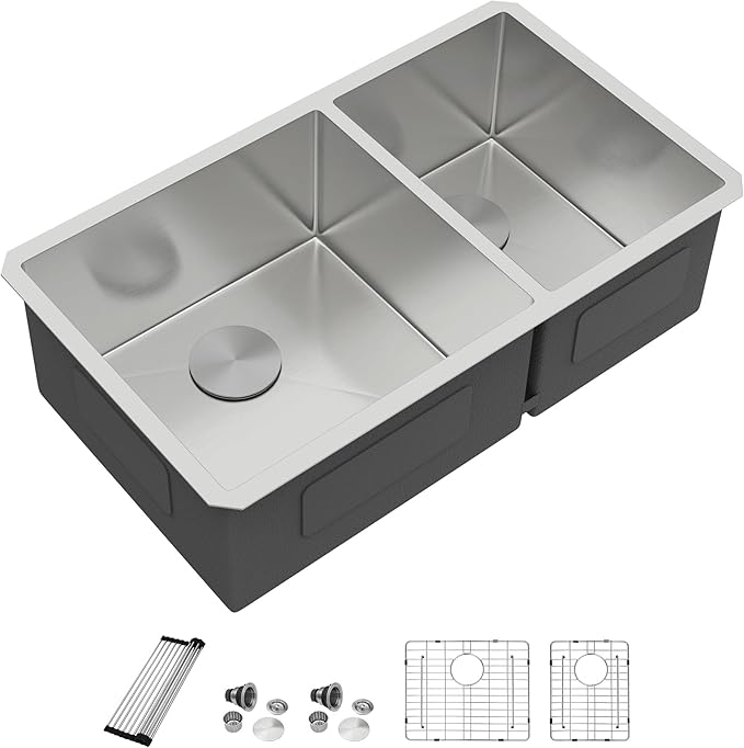 Dcolora 36" Extra Large Double Bowl Kitchen Sink Undermount 60/40 Split 16 Gauge 304 Stainless Steel Double Sinks, Round Corner 36"x19"x10" DC-U7741