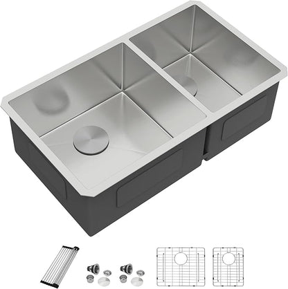 Dcolora 36" Extra Large Double Bowl Kitchen Sink Undermount 60/40 Split 16 Gauge 304 Stainless Steel Double Sinks, Round Corner 36"x19"x10" DC-U7741
