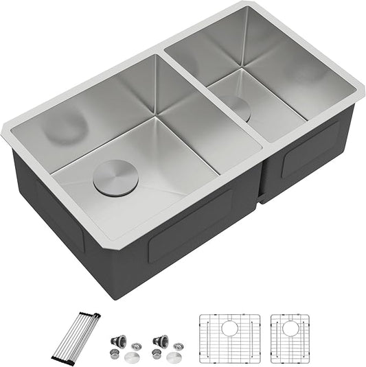 Dcolora 36" Extra Large Double Bowl Kitchen Sink Undermount 60/40 Split 16 Gauge 304 Stainless Steel Double Sinks, Round Corner 36"x19"x10" DC-U7741
