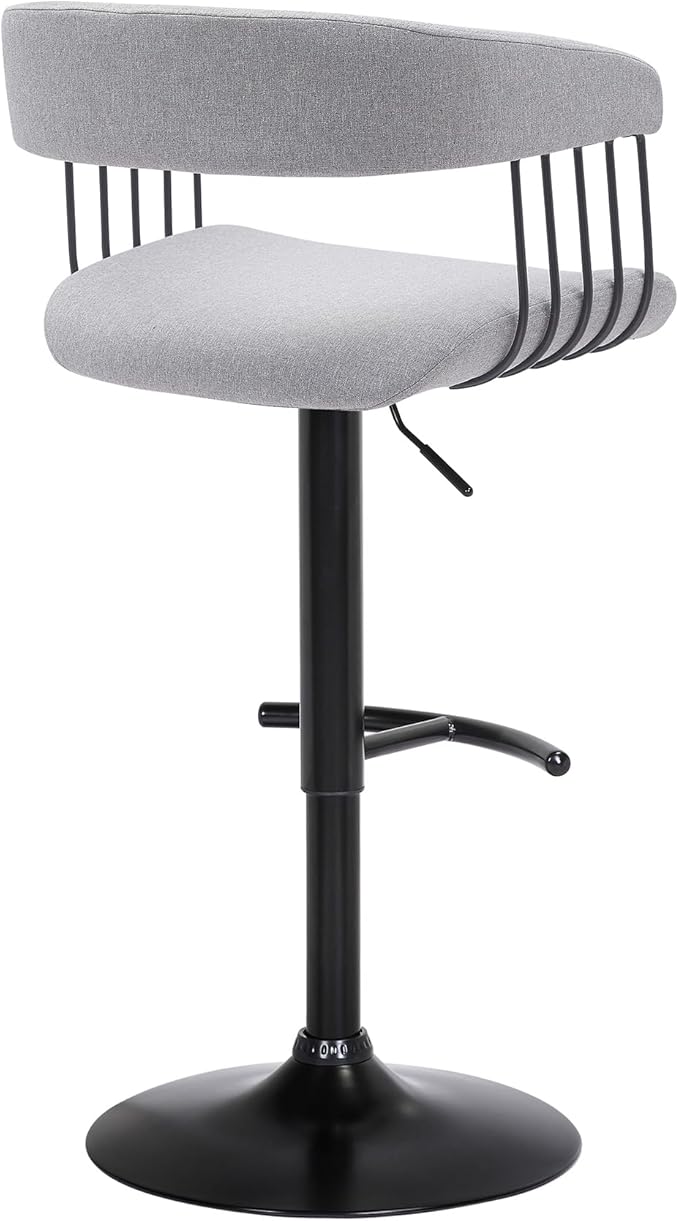 Armen Living Calista Adjustable Height Mid Century Modern Swivel Bar Stool for Kitchen Island Counter in Light Gray Fabric with Black Metal