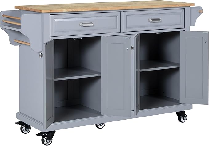 GOWE Kitchen Island with Rubber Wood Countertop, Kitchen Cart on 5 Wheels with Storage Cabinet and 2 Top Drawers and A Center Double Layered Storage Drawer for Dinning Room, Grey